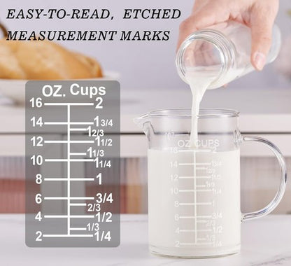 Ackers Etched Glass Measuring Cup - Insulated Handle & V-Shaped Spout - 500 ML (16 Oz, 2 Cup)