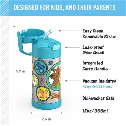 THERMOS FUNTAINER Water Bottle - 12 Ounce Kids Stainless Steel Vacuum Insulated with Straw | Scooby-Doo Design