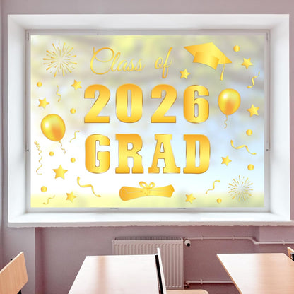 Whaline Graduation Window Clings - Class of 2026 Gold Foil Congrats Grad Decals | Reusable Home & Classroom Decor