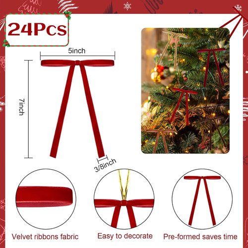 Burgundy Velvet Ribbon Bows - 24 PCS Christmas Tree Topper Ornaments | 5x7 Inch Decorative Bows