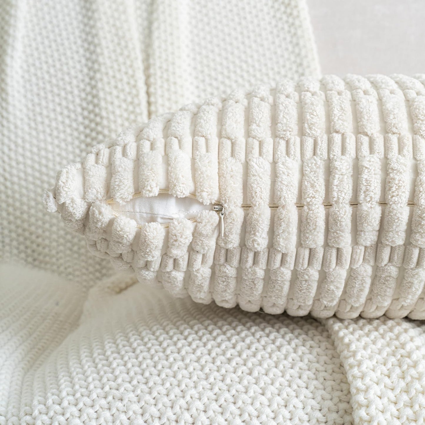 Skiennix Corduroy Throw Pillow Covers - Soft Boho Striped Design | 18x18 Inch Cream White Set of 2