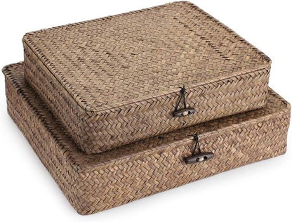 Hipiwe Wicker Storage Bins - Set of 2 Natural Seagrass Baskets with Lids for Home Organization | Coffee Color