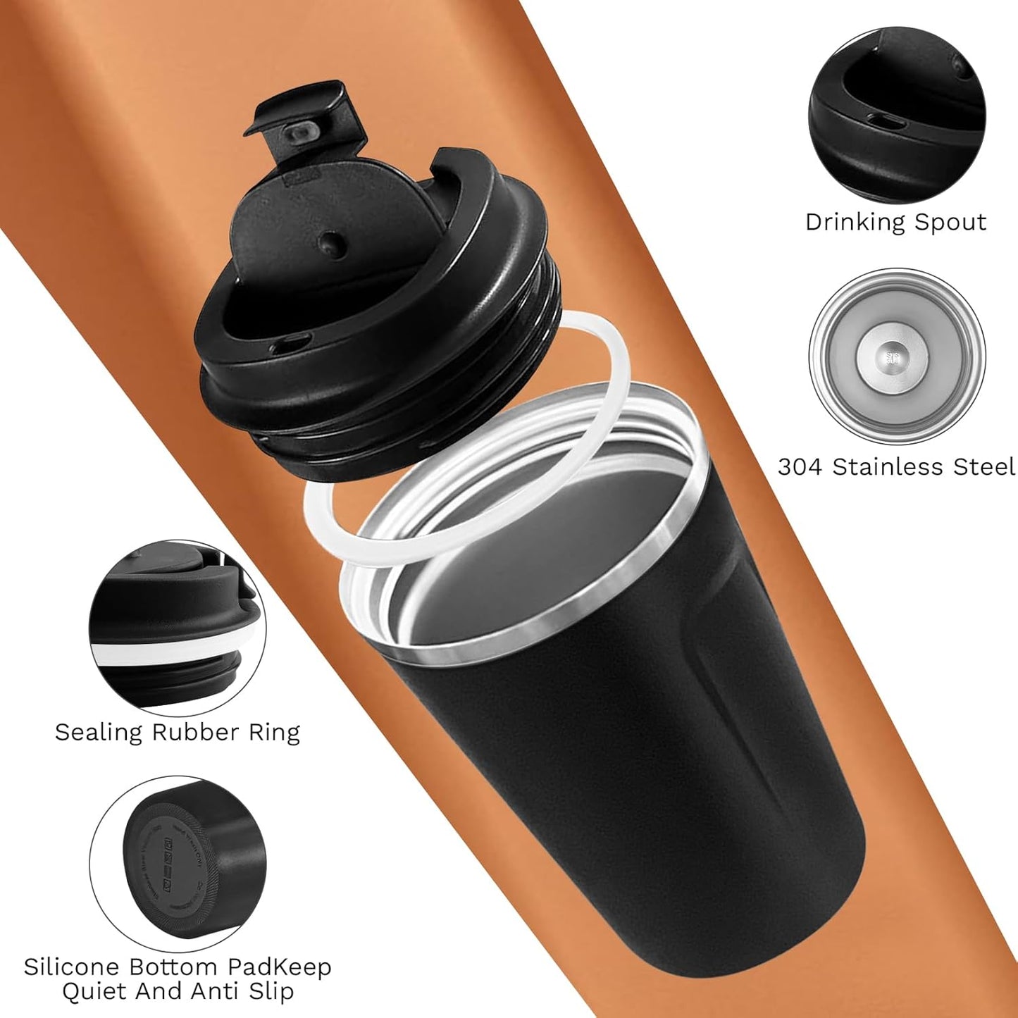 Skiennix Travel Coffee Mugs - Leak-Proof Reusable Stainless Steel Tumblers | 12oz Black Thermal Insulation