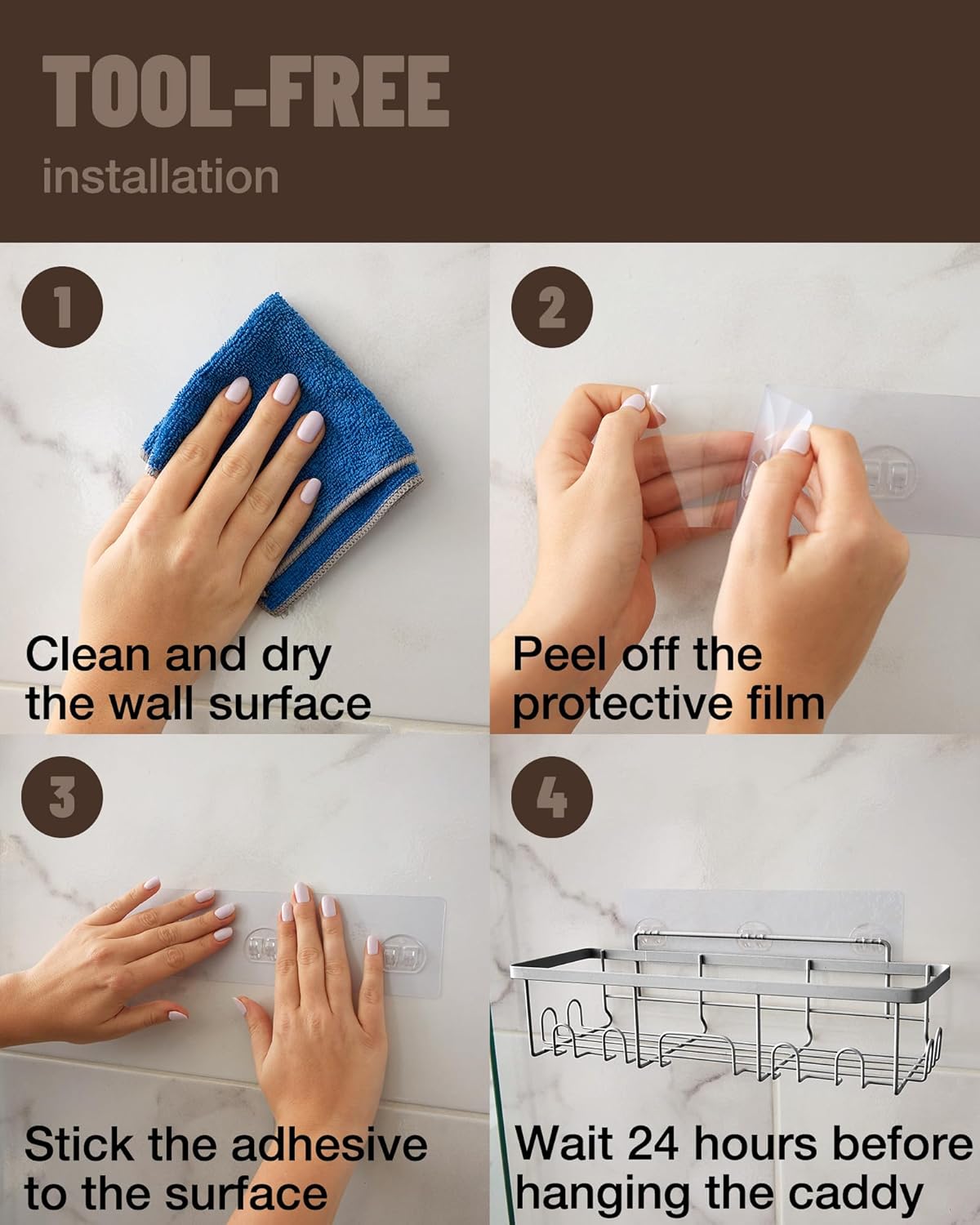 Veken Adhesive Shower Caddy - Heavy-Duty Wall-Mounted Shelves | 5-Pack Organizer with Soap Dish & Toothbrush Holder - Silver