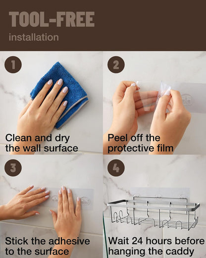 Veken Adhesive Shower Caddy - Heavy-Duty Wall-Mounted Shelves | 5-Pack Organizer with Soap Dish & Toothbrush Holder - Silver