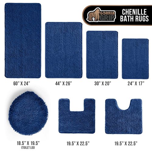GORILLA GRIP Plush Absorbent Shaggy Chenille Bath Rug Mat for Square Toilet Base with Rubber Backing, Machine Washable Rugs, Soft Microfiber Contour Mats for Toilets, Bathroom Decor, Royal Blue
