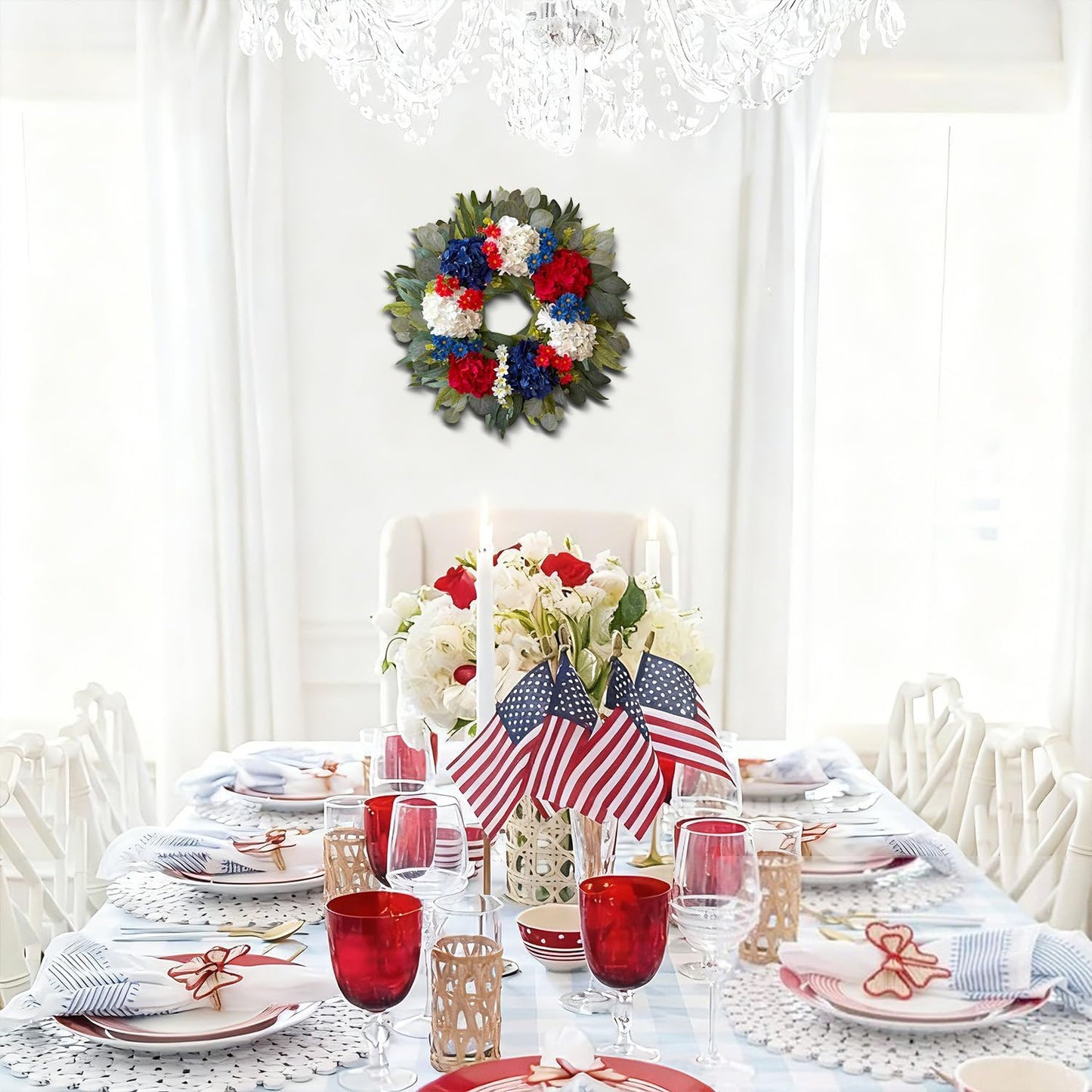 WANNA-CUL 24-Inch Patriotic Hydrangea Wreath - Red, White & Blue 4th of July Door Decor
