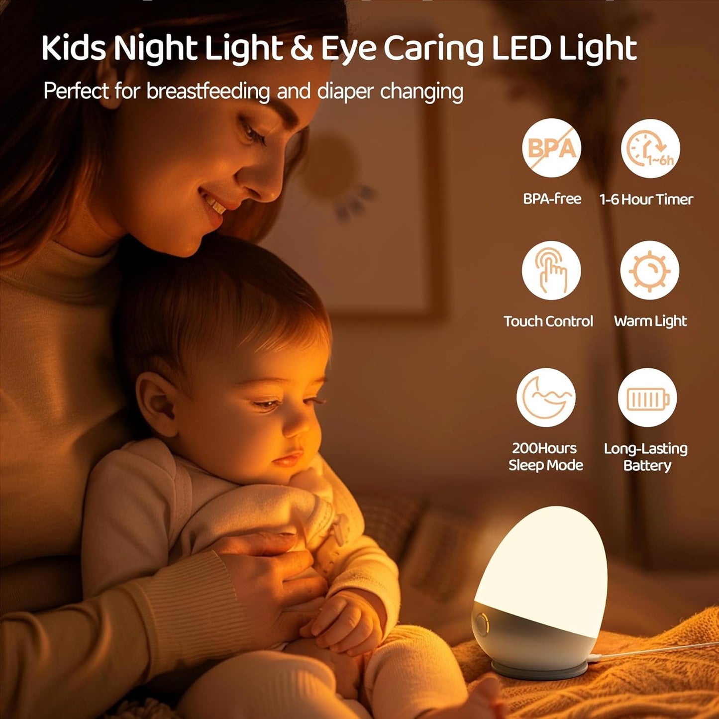 Touch Egg Night Light - Rechargeable Portable Kids Lamp with Dimmable 3 Color Temperatures | Ideal for Nursery