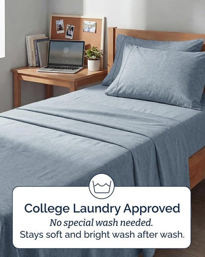 Extra Deep Twin XL Sheet Set - 4 Piece Breathable and Cooling Sheets - Hotel Luxury Bedding for Women, Men, Kids & Teens - Easy Secure Fit - Soft & Wrinkle Free - Extra Deep Pockets - Heathered Blue