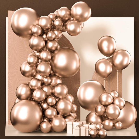 PartyWoo Metallic Rose Gold Balloons - 140pcs Chrome Balloon Arch Kit for Birthdays & Anniversaries | 5-18 Inch Sizes