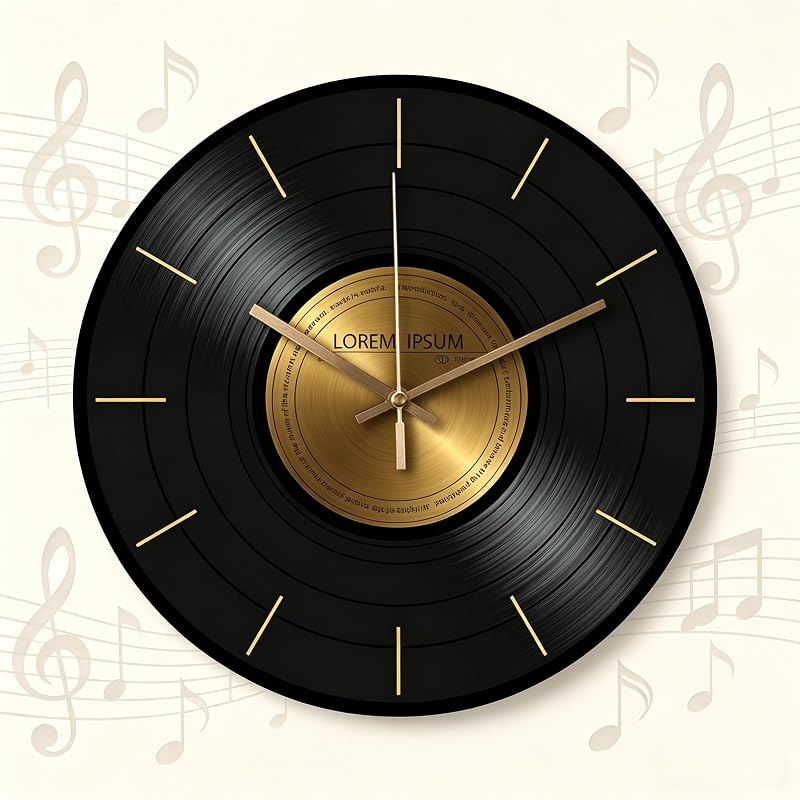 Wall Clock 12 Inch Glass Vinyl Record | Silent Battery-Operated Music Theme Clock - Size D