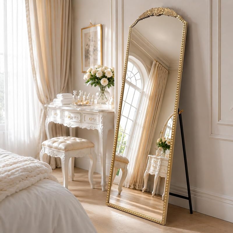 Arched Full-Length Mirror 22x65 in Vintage Gold Beaded Frame - Freestanding or Leaning