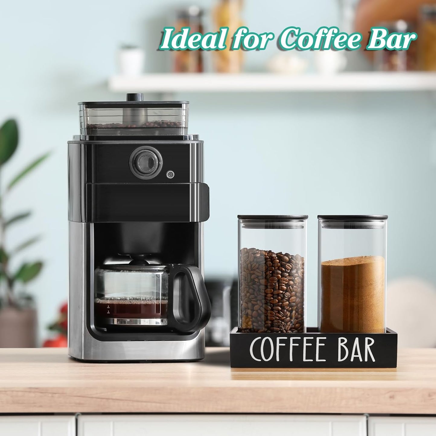 Skiennix Glass Coffee Canister Set - 2Pcs 45oz Airtight Containers with Bamboo Lids & Black Tray | Farmhouse Decor