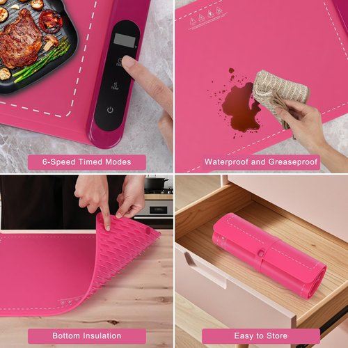 FYY Food Warming Mat - Electric Warming Tray Full Surface Heating Versatile Food Warmer, Premium Silicone Nano-Material, Rollable Food Heating Tray for Gatherings, Parties, Everyday Use, Pink