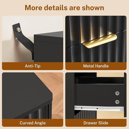 Fluted Nightstands Set of 2 with Charging Station & LED Light, Black, 2 Drawers