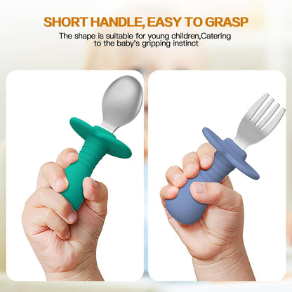 Skiennix Toddler Spoons and Forks Set - 4-Piece Kids Silverware with Silicone Handle | BPA-Free, Anti-Choke Design (Dark Blue, Green)