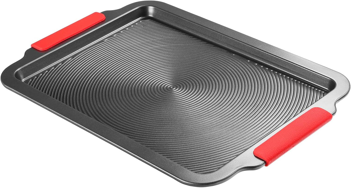 Skiennix Nonstick Baking Sheet - 16x11in Cookie Pan with Circle Grooves & Red Grips | PFAS/PTFE Free, Gray