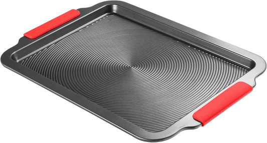 Skiennix Nonstick Baking Sheet - 16x11in Cookie Pan with Circle Grooves & Red Grips | PFAS/PTFE Free, Gray