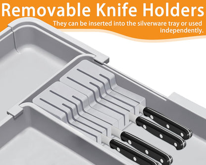 Silverware Drawer Organizer - Adjustable Utensil Holder with Knife Block | BPA-Free Expandable Storage (Grey)