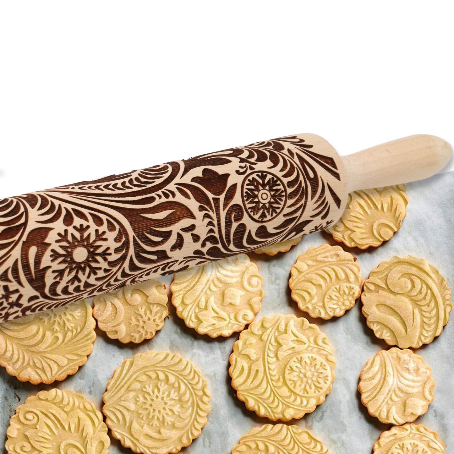 Embossed Rolling Pin for Baking Cookies Christmas Embossing Rolling Pins with Design Wooden Engraved Springerle Roller Pin Dough Patterned Clay Pottery Ceramic Bakers Women (Flower Snowflake Paisley)