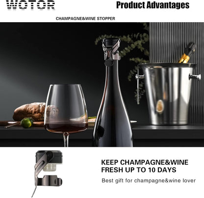 WOTOR Champagne&Wine Bottle Stoppers Stainless Steel with Food Grade Silicone, Leak Proof Keep Fresh Reusable Saver, Cork Suitable for Wine, Champagne, Cava, Prosecco and Sparkling (12 Pack Black）