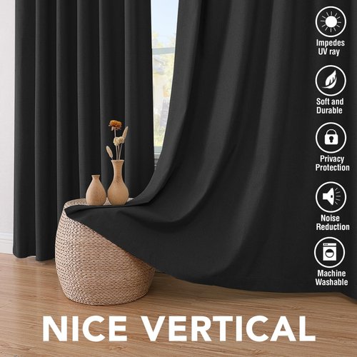 H.VERSAILTEX Linen Blackout Curtains 63 Inches Long 100% Blackout Thermal Insulated Textured Linen Look Curtain Draperies Anti-Rust Grommet, Energy Saving with White Liner, 2 Panels, Black