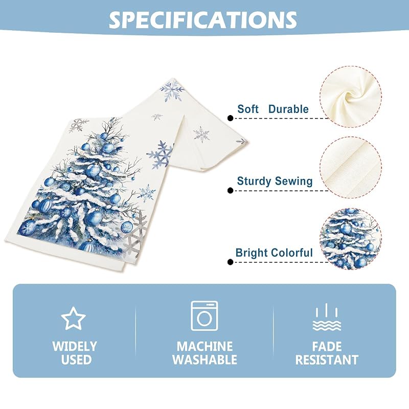 Winter Trees Table Runner 13x108 Inches with Frosty Roses & Christmas Trees – Burlap Style, Seasonal Decor (Variation: Winter Snowflakes Pine Tree 13x108)