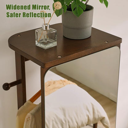 Walnut 68" L x 19" W Full Length Mirror with Coat Rack & Shelf - 360° Rotating Solid Wood