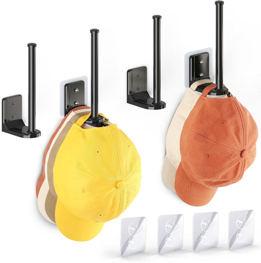 Skiennix Adhesive Hat Hooks - 4 Pack Wall Rack for Baseball Cap Storage | Black Hat Hanger Holder
