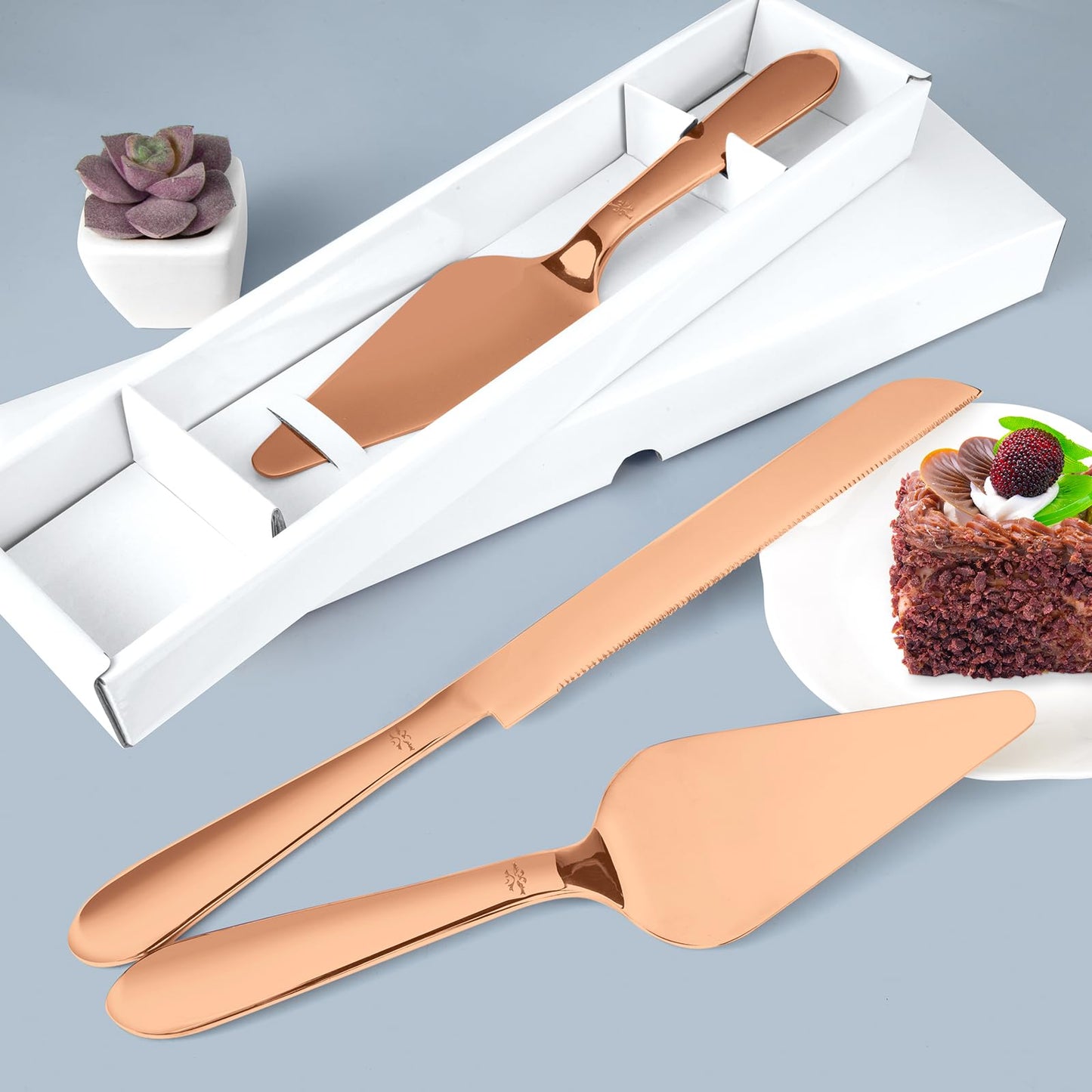 Wedding Cake Knife and Server Set, Integral Stainless Steel Longer Cake Cutter and Wider Pie Spatula, Elegant Cake Cutting Serving Set for Party Birthday Christmas Bridal Shower Set of 2, Rose Gold