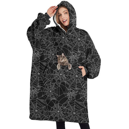 Touchbetter Halloween Spider Web Wearable Oversized Blanket, Sherpa Blanket Hoodie with Super Pockets, Super Warm Fuzzy Pullover for Women & Men