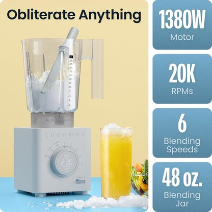 Chefman Obliterator Blender - 48 oz Countertop Smoothie Maker with 1380W Motor & Travel Jar