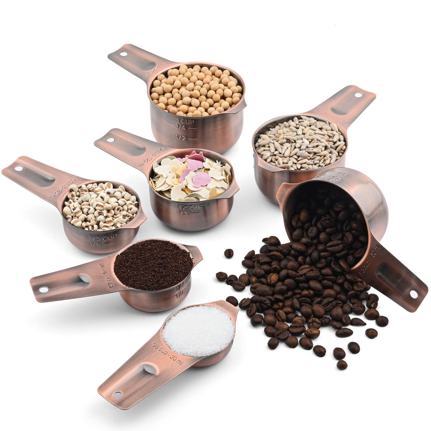 Viwehots Measuring Cups and Spoons Set, Copper Plated Measuring Cups Spoons, Stainless Steel 7 Measuring cups and 9 Measuring Spoons 1 Leveler for Baking and Kitchen, Metal Copper Measure Cups&Spoons