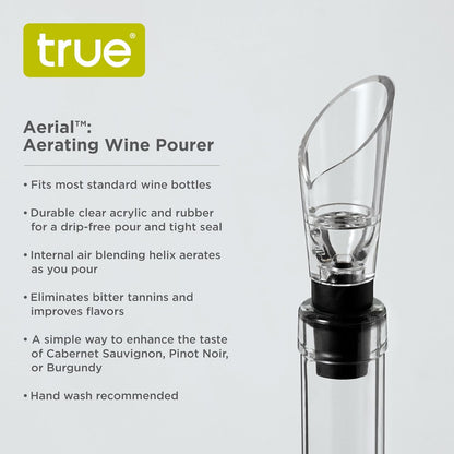 True Aerial Wine Aerator Pourer Spout for Standard Red Wine Bottles, Durable Clear Acrylic and Rubber, Drip Free Pour and Tight Seal, Gifts for Women, Kitchen & Home Bar Accessories, Set of 1