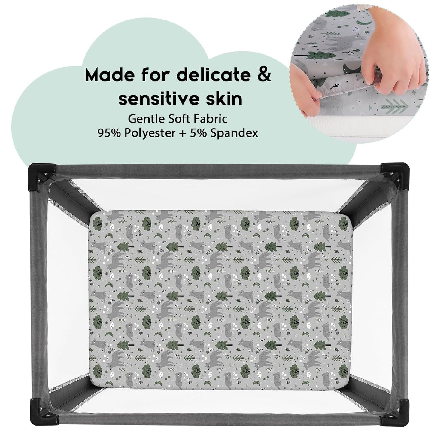Yoofoss Fitted Pack and Play Sheets - Soft & Breathable Mini Crib Sheets 2-Pack in Gray-Green & Fox