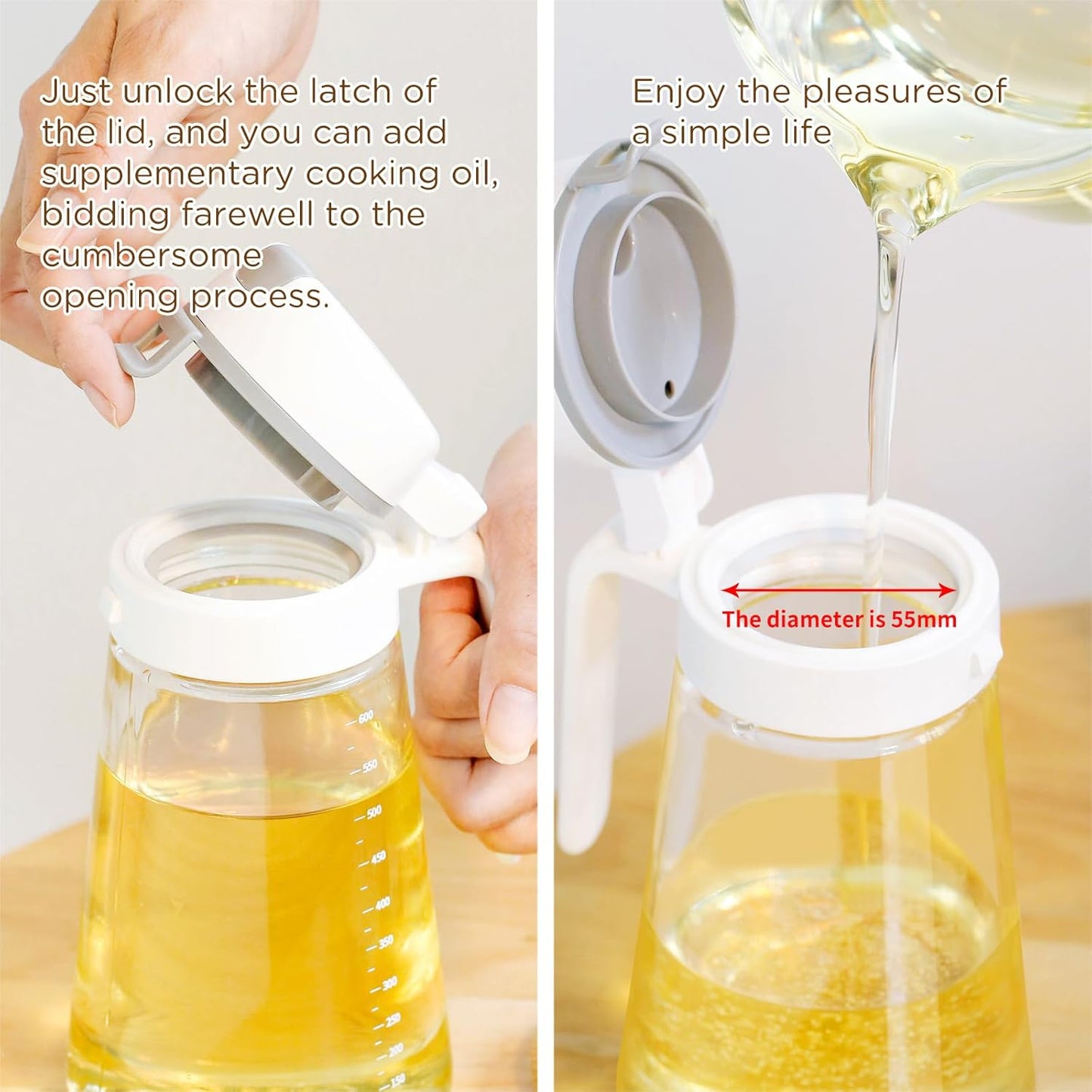 Skiennix Auto Flip Glass Olive Oil Dispenser - 22oz Clear Cruet with Measurement Scale