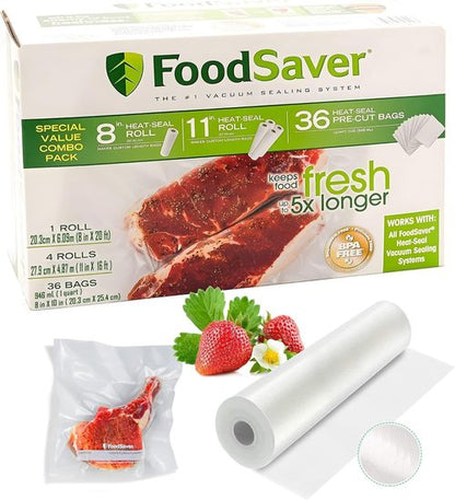 FoodSaver Vacuum Seal Combo Pack - Includes 1-8" Roll, 4-11" Rolls & 36 Pre-Cut Bags