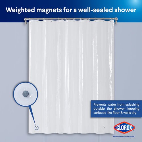 Clorox Shower Curtain Liner & Hooks, Premium Lightweight Flexible Waterproof 4g PEVA for Bathroom with Weighted Magnets, Standard Size 70" x 72", Clear 1 Pack