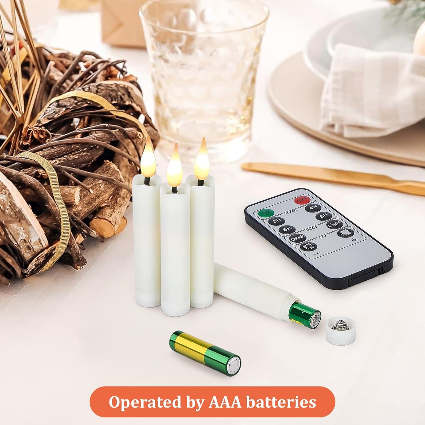 Skiennix 12-Pcs LED Taper Candle Set - Flameless 3D Wick Ivory Candles with Clip-On Design & Remote Timer
