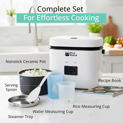 Rice Robot Personal Rice Cooker - PFAS-Free Nonstick Design | 1 Quart Capacity with Steamer Tray & Recipe Book