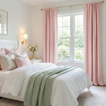 Skiennix 100% Blackout Linen Curtains - Thermal Insulated Drapes for Bedroom | 90" Long, Baby Pink, 2 Panels Set