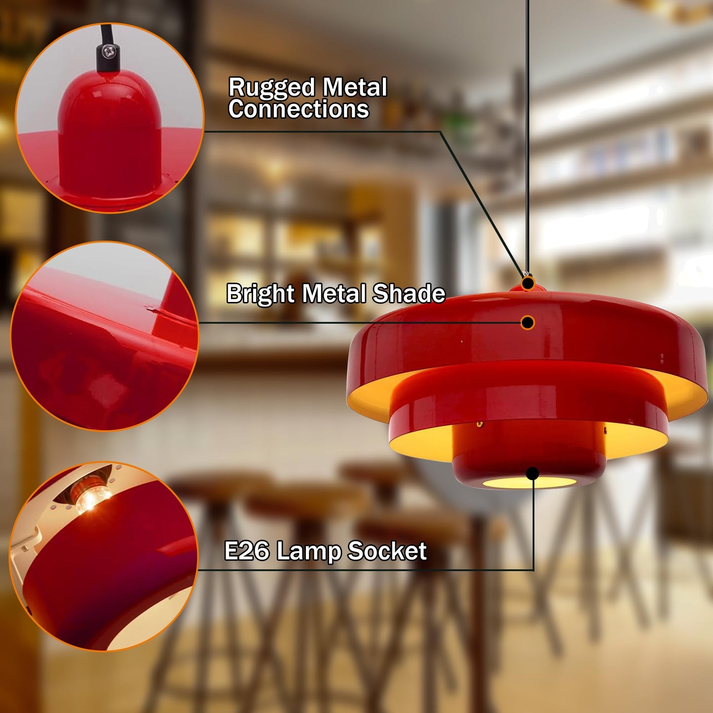 DoungRos Hanging Lamp Plug in Red Pendant Light Fixtures Mid Century Modern Pendant Lamp Nordic Style Pendant Lighting Metal Shade for Living Room Dining Room Bedroom Kitchen Island