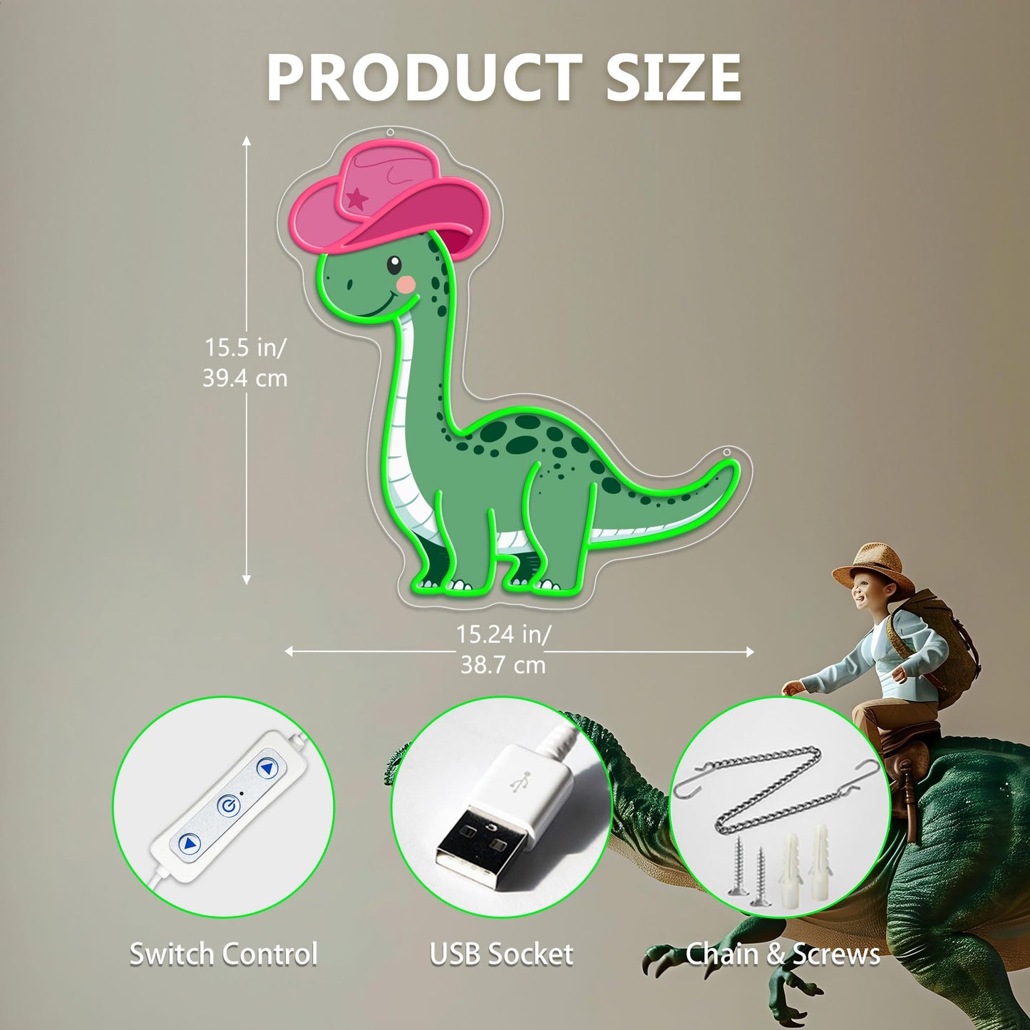 ZLOOREE Cowgirl Dinosaur Neon Signs for Wall Decor, Dimmable Cowboy Dinosaur Neon Light for Teen Boys Girls Bedroom Decor, Animals Led Light Up Signs for Birthday Party Gifts