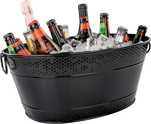 BREKX Colt Black Galvanized Beverage Tub with Handles, 16-Bottle Metal Bucket Ice Cooler to Chill Drinks, Oval Metal Basket for Drinks or Storage Bin - 15 Quarts (4 Gallon)