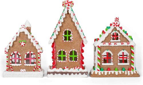 Mark Feldstein & Associates Gingerbread Village Tea Light Figurines - Red Porcelain Set of 3 (8 Inch)