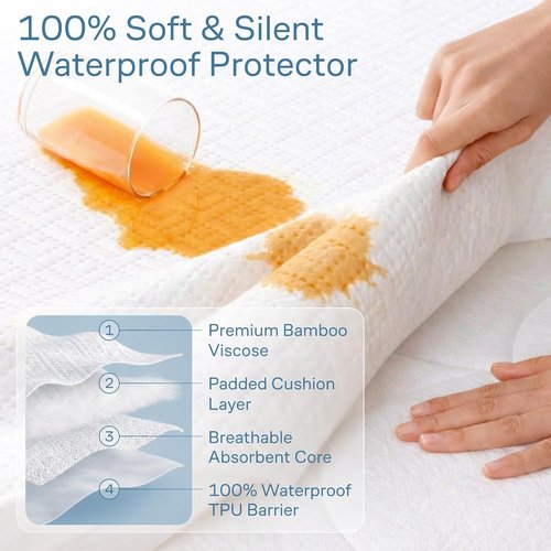 100% Waterproof Queen Mattress Protector - Noiseless Bamboo Viscose for Ultimate Spill & Stain Defense | White