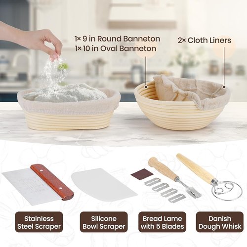 Banneton Bread Proofing Baskets Set - 9-Inch Round & 10-Inch Oval | Sourdough Starter Kit