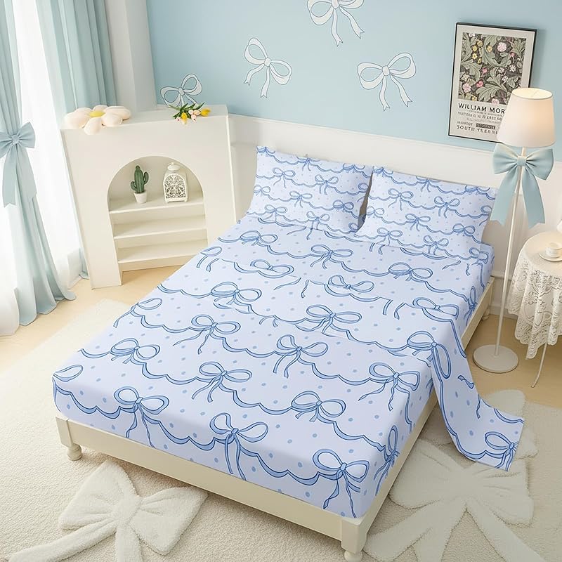 Bow Kids Sheets Set Full Size with Bowknot 16" Deep Pocket - Blue