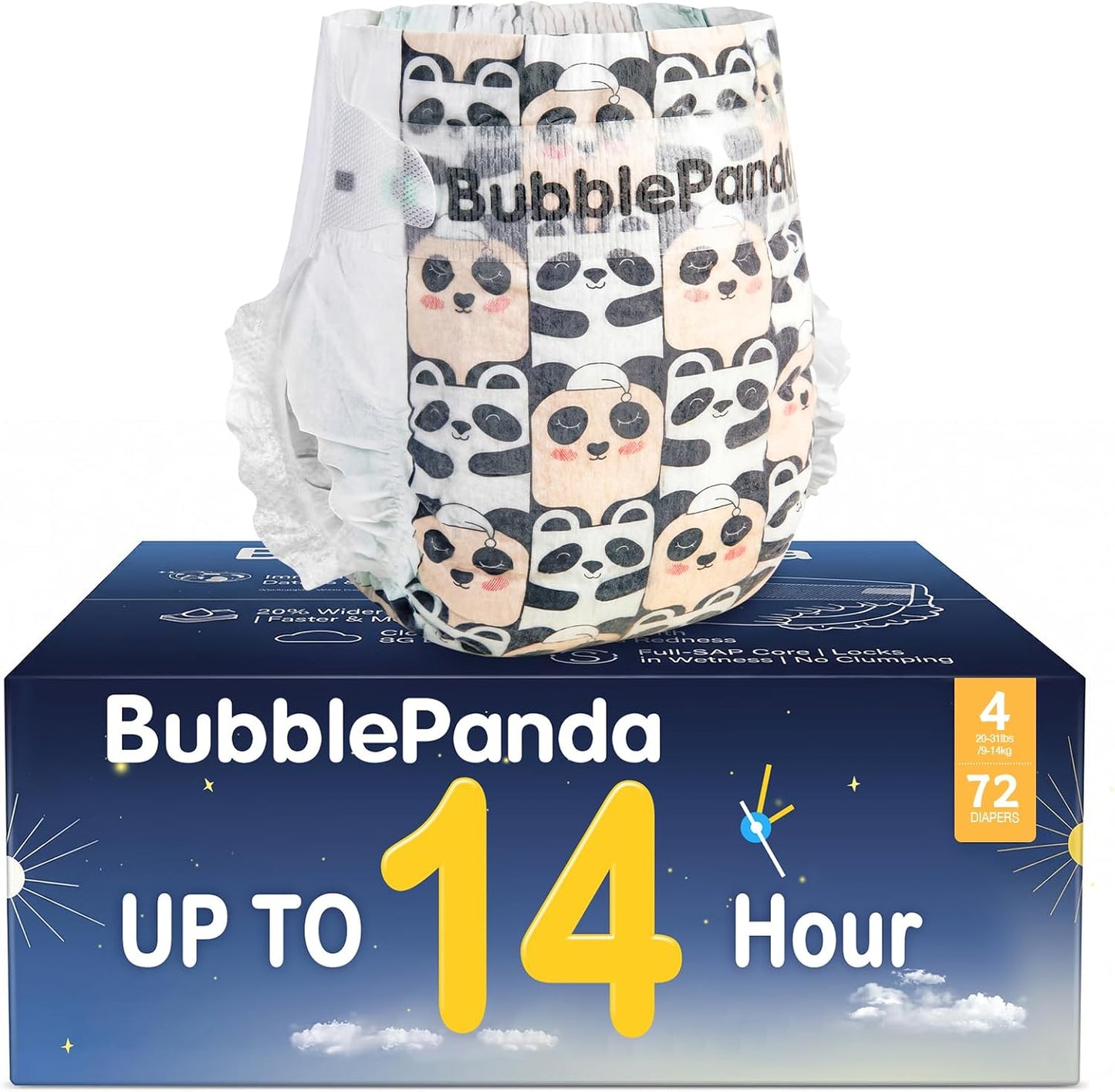 BubblePanda Overnight Diapers - Nighttime Protection with Dual Absorbent Core | Size 4, 72 Count