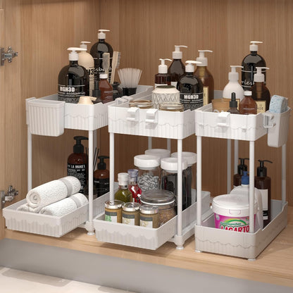 Sevenblue 3-Pack Under Sink Organizers - 2-Tier Kitchen & Bathroom Storage with Sliding Drawers | White, 14.8 Inch